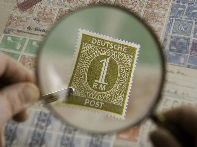 Historische Deutsche-Post-Briefmarke unter einer Lupe