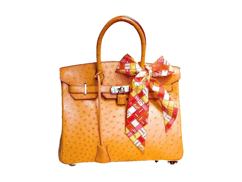 Hermès Birkin aus Straußenleder mit gebundenem Tuch