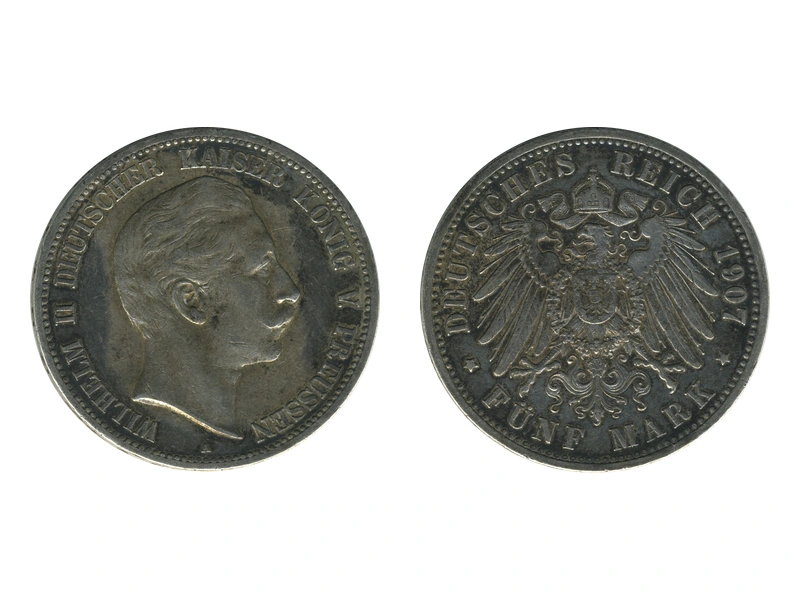 Deutsche Fünf-Mark-Münze von 1907, beide Seiten