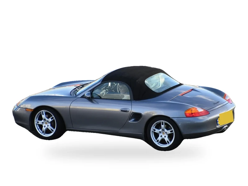 Grauer Porsche Boxster 986 von 2001 auf weißem Hintergrund